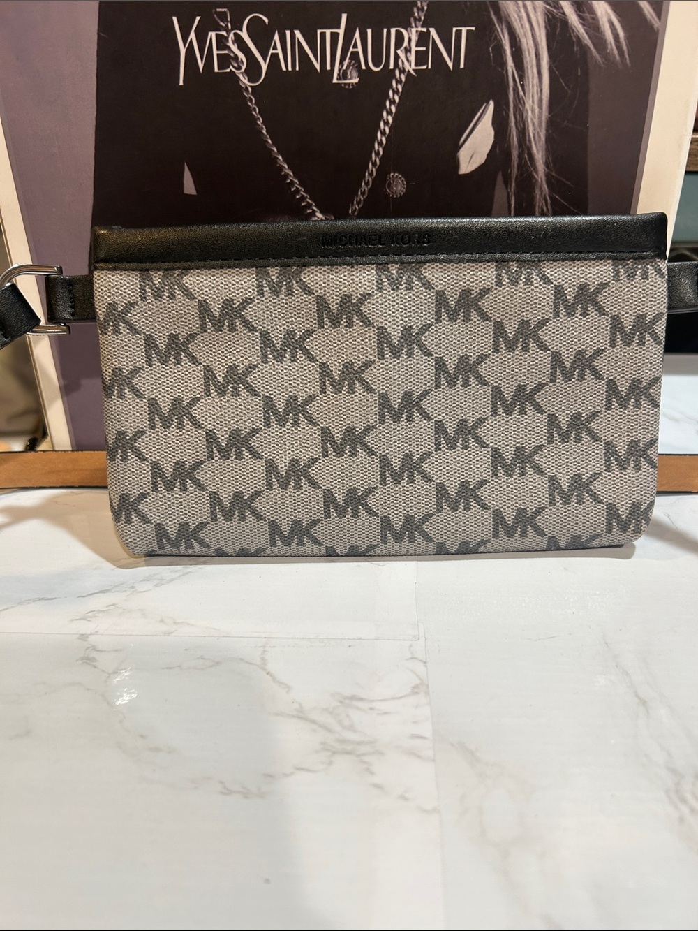 Michael Kors Gray and Black MK Monogram Canvas Fanny pack Pouch